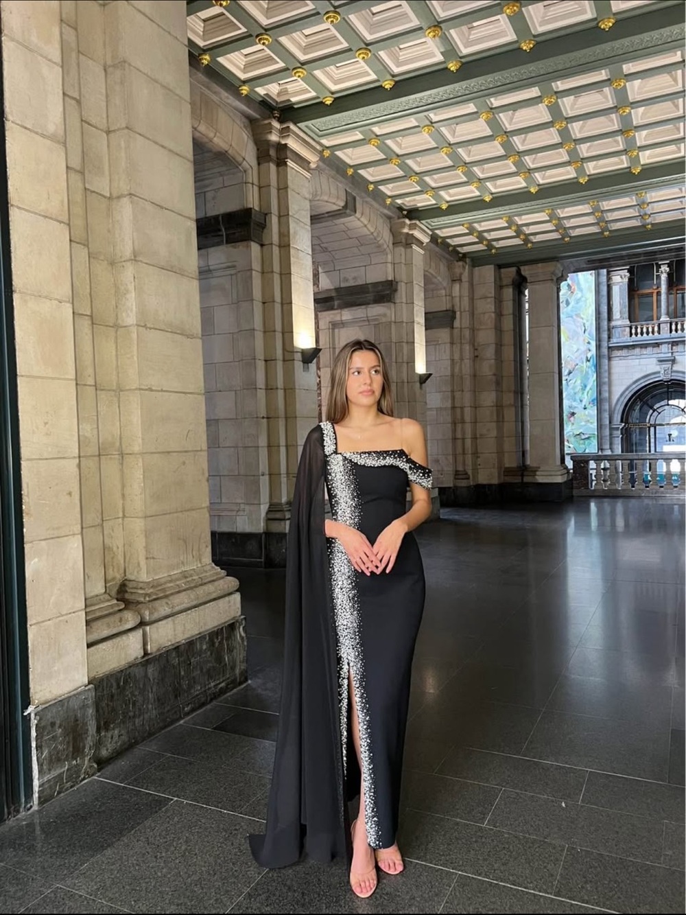 Dressed in LALA Black One-Shoulder Sequin Trim Evening Gown